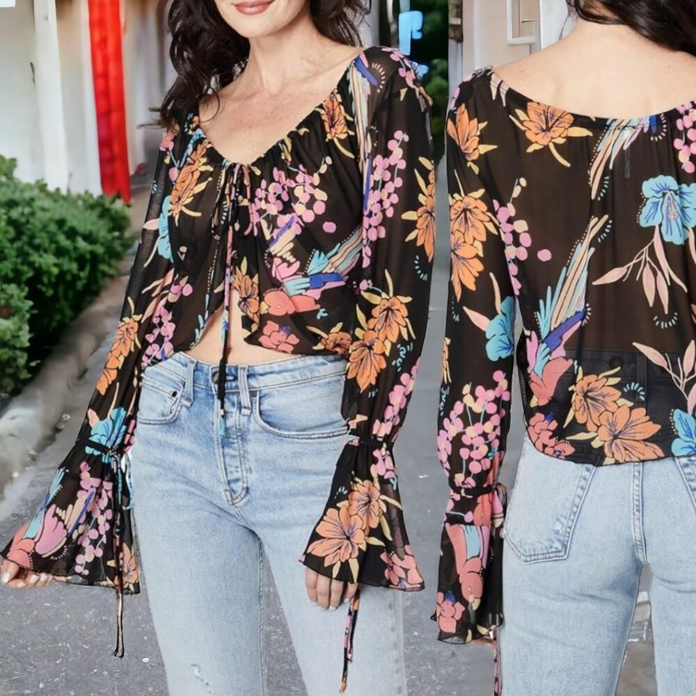 NWOT FREE PEOPLE Floral Cropped Bell Sleeves Sheer Over shirt